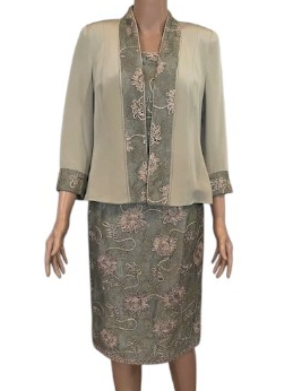 Lili Butler 3‑Piece 100% Silk Skirt Suit Set M – Beige Gold Embroidered Tulle